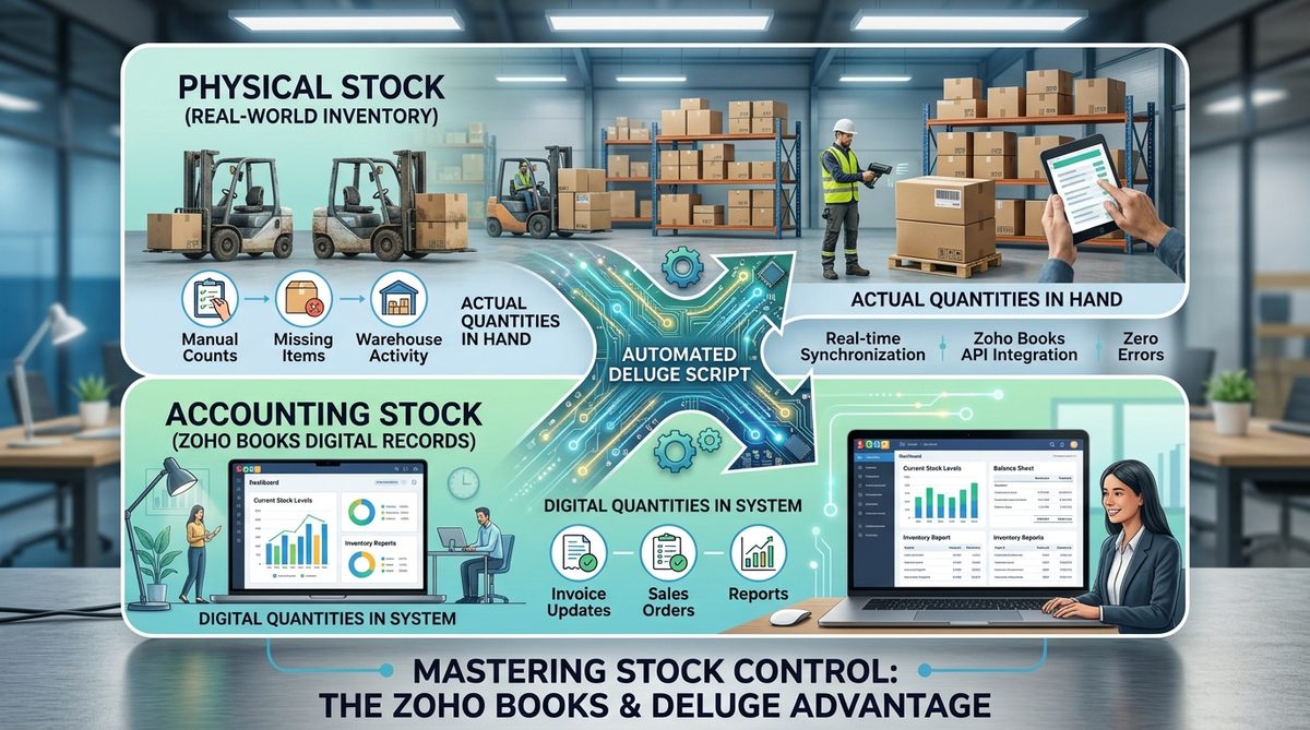 Physical stock vs accounting stock control in Zoho Books using an automated Deluge script