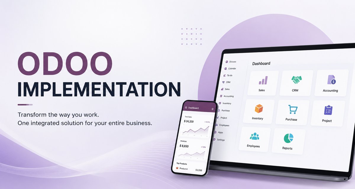 Odoo ERP implementation dashboard — Sales, CRM, Inventory, Accounting, and more in one system