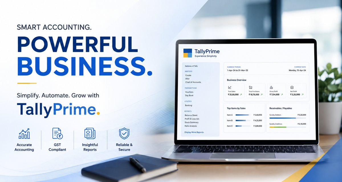 TallyPrime dashboard — smart accounting, GST compliant, insightful reports