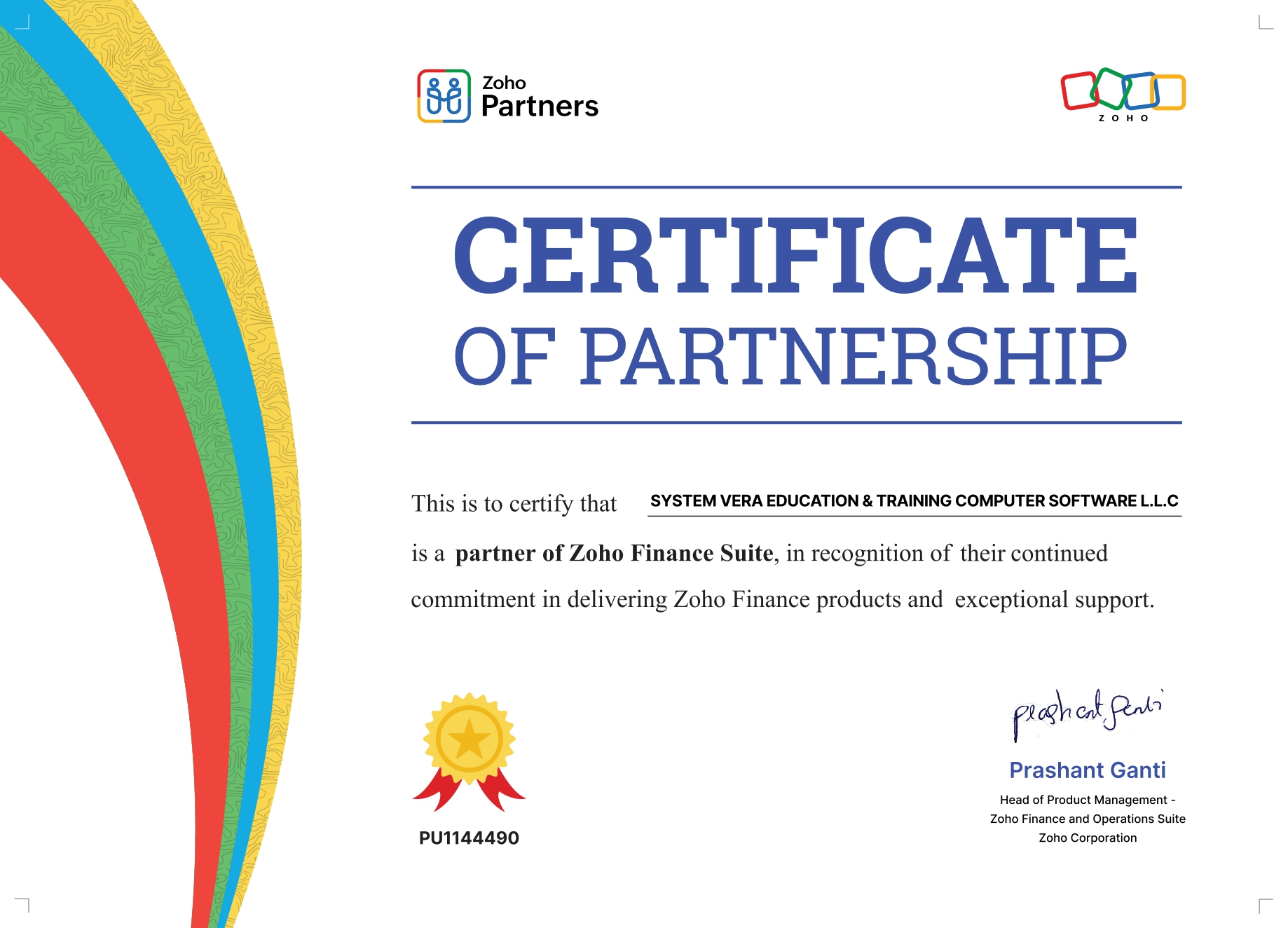 SysVera Zoho Partner Certificate